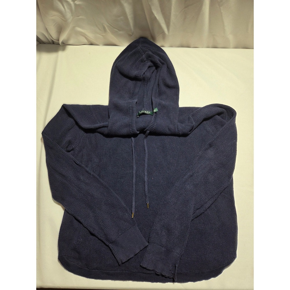 Lauren Ralph Lauren Navy Blue Waffle Knit Hooded Sweater Womens Large Drawstring